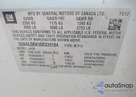 2013 Chevrolet Equinox 1Lt z USA, uszkodzony, nr VIN 2GNALDEK3D6220184